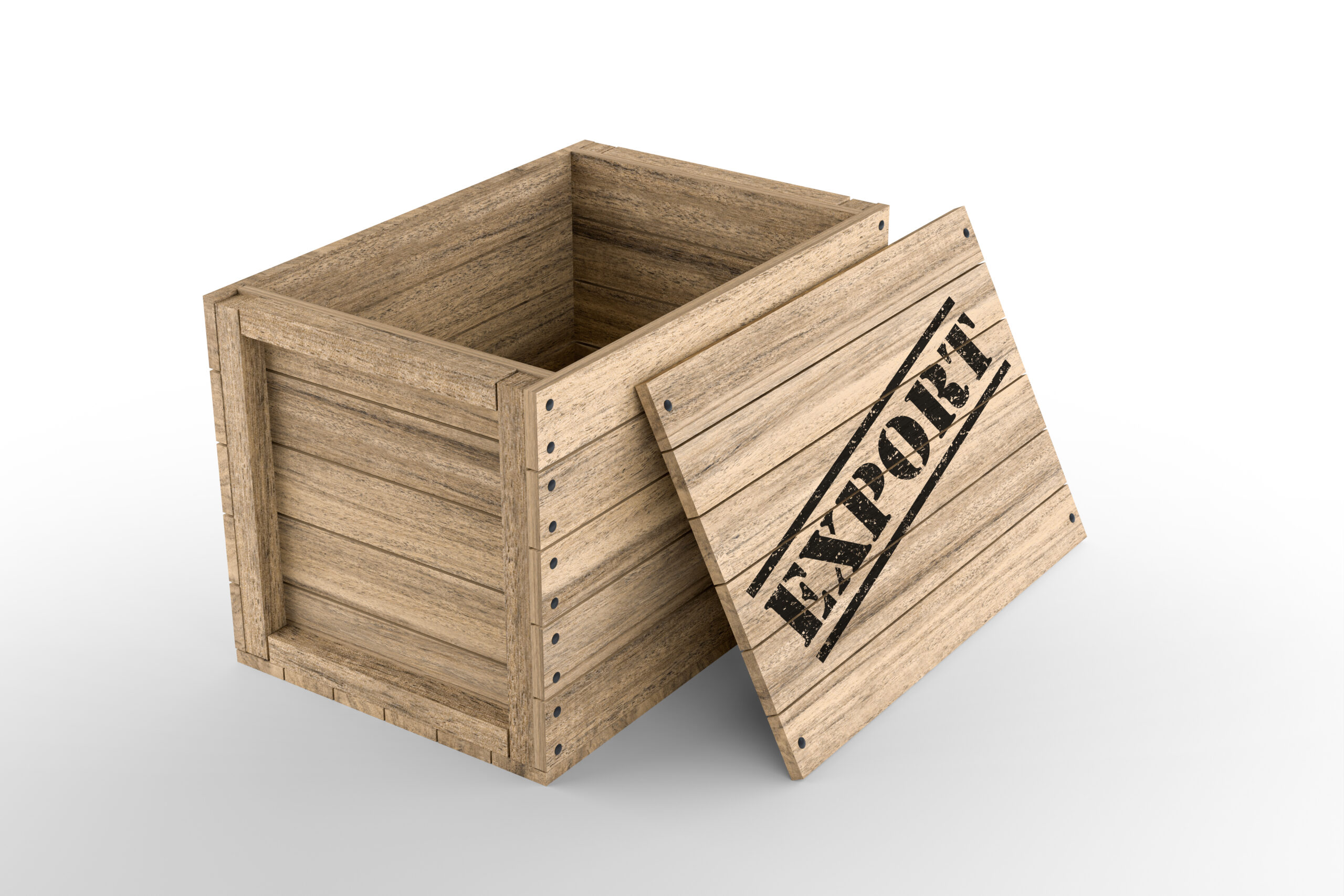 Wooden Crate with Printed Export Text on White Background. 3D Re